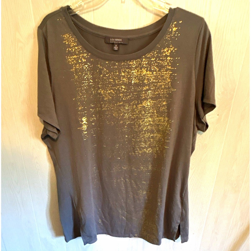 Lisa Rinna Collection Womens Plus 1X Gray Gold Glitter Round Neck T-Shirt